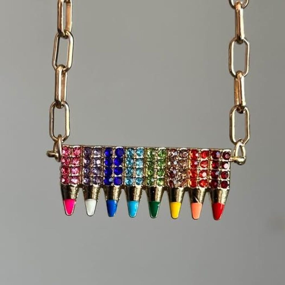 Colored Pencils Rainbow Necklace – Back to School Rhinestone Pendant for Kids